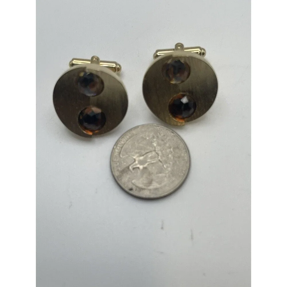 Vintage Gold Tone Textured Round Brown & Tan Crystal Encrusted Cuff Links New